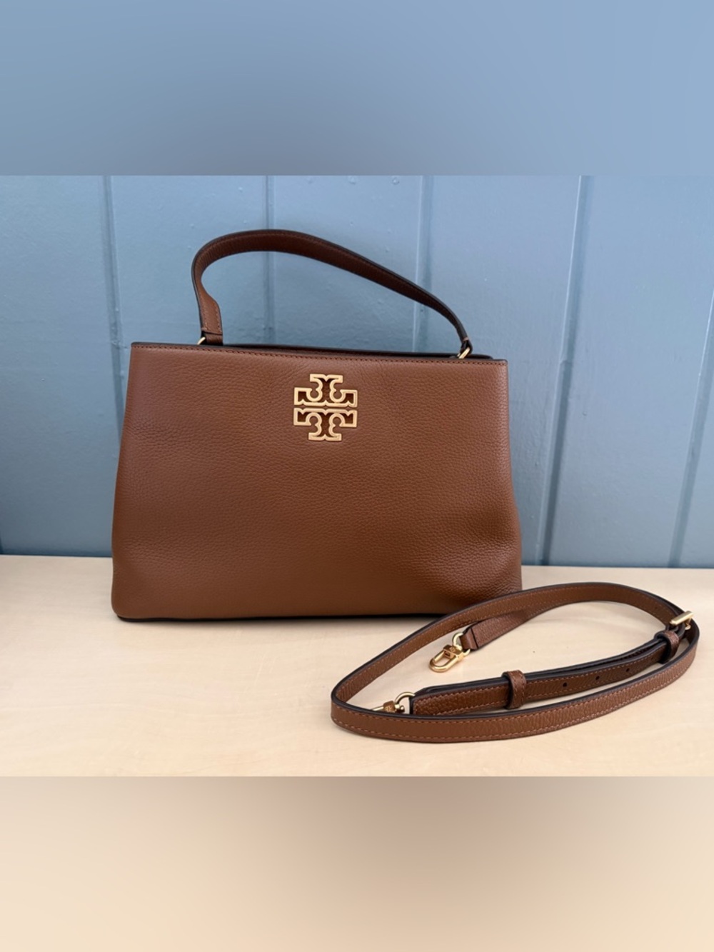 Tory Burch Britten Brown Pebbled Leather Top-Handle Satchel with shoulder strap
